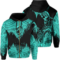 Hawaii Polynesian Hoodie Zip Warrior Ikaika Benjamin Style Turquoise Unisex Black - Polynesian Pride