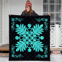 Hawaiian Quilt Maui Plant And Hibiscus Premium Quilt - Turquoise Black - AH - Polynesian Pride