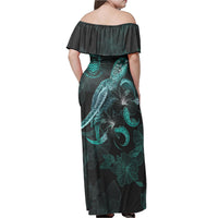 Tuvalu Off Shoulder Long Dress - Tuvalu Coat Of Arms With Polynesian Turtle Blooming Hibiscus Turquoise - Polynesian Pride