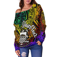 Tuvalu Custom Personalised Women's Off Shoulder Sweater - Rainbow Polynesian Pattern - Polynesian Pride