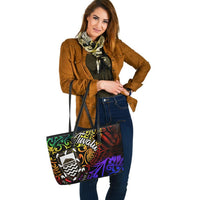 Tuvalu Large Leather Tote Bag - Rainbow Polynesian Pattern - Polynesian Pride