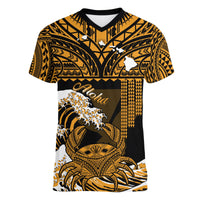(Custom Personalised) Hawaii V-Neck T Shirt Kakau Polynesian Crab With Waves Ver.02 LT14 Female Gold - Polynesian Pride