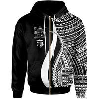Fiji Zip up Hoodie White Tentacle Tribal Pattern Crest Unisex White - Polynesian Pride
