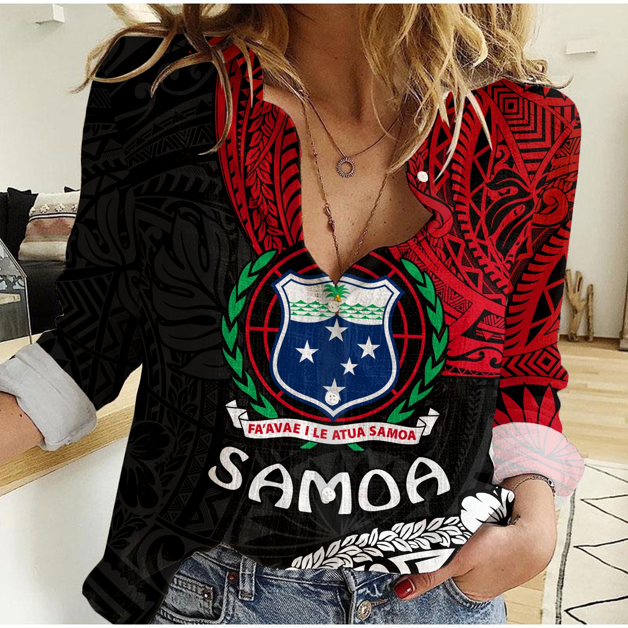 Samoa Women Casual Shirt Beloved Samoan Mix Polynesian Pattern LT13 Female Black - Polynesian Pride