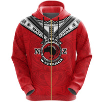 New Zealand Maori Zip Hoodie Waitangi Day Red Unisex Black - Polynesian Pride