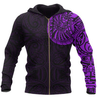 New Zealand Maori Zip Hoodie, Maori Warrior Tattoo Full Zip Hoodie Purple Unisex Black - Polynesian Pride