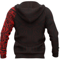 New Zealand Maori Zip Hoodie, Maori Warrior Tattoo Full Zip Hoodie Red - Polynesian Pride