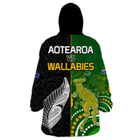 Aotearoa Rugby All Black Combine Australia Wallabies Wearable Blanket Hoodie Aboriginal Kangaroo And Maori Fern LT9 - Polynesian Pride