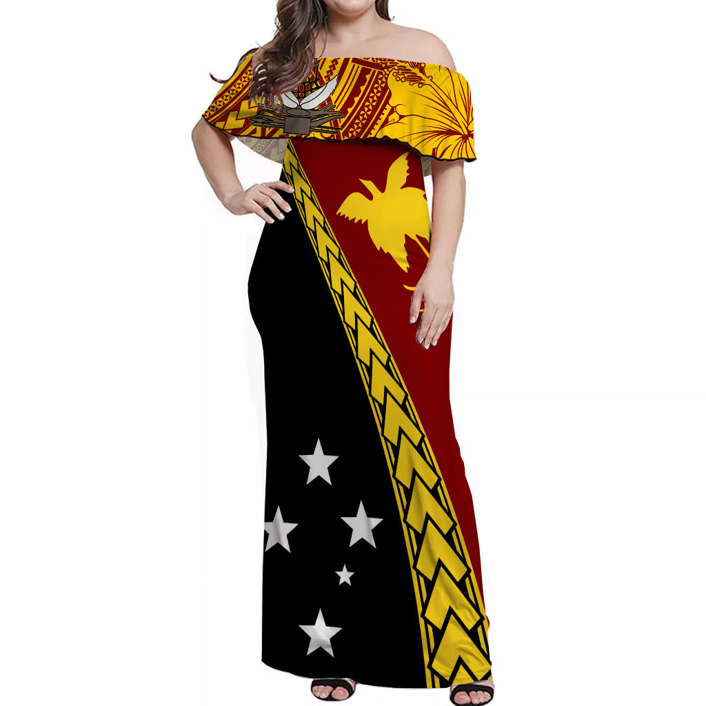 PNG Hibiscus Tribal Pattern Off Shoulder Long Dress - Western Province LT7 Long Dress Red - Polynesian Pride