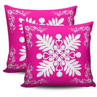 Hawaiian Quilt Maui Plant And Hibiscus Pattern Pillow Covers - White Pink - AH - Polynesian Pride