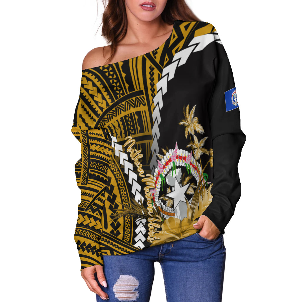 Northern Mariana Islands Women's Off Shoulder Sweater Polynesian Style Gold Color LT6 Gold - Polynesian Pride