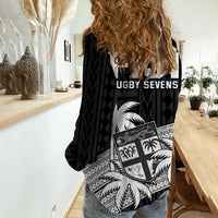 Fiji Rugby Sevens Women Casual Shirt Tapa Palm Tree and Fijian Coat of Arms LT9 - Polynesian Pride