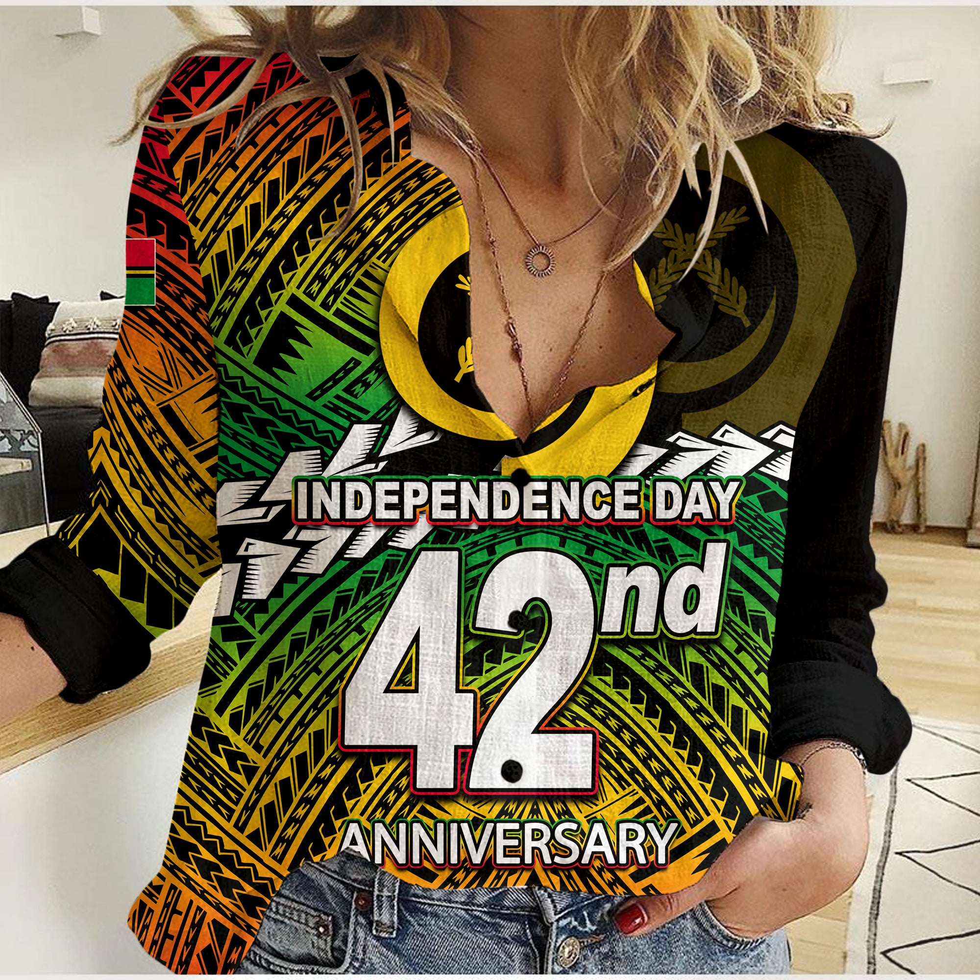 (Custom Personalised) Vanuatu Independence Day 42nd Anniversary Casual Shirt LT6 Female Red - Polynesian Pride