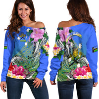South Sea Islanders Kanakas Hibiscus Polynesia Women Off Shoulder Sweater - LT2 Women BLUE - Polynesian Pride
