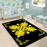 Hawaiian Quilt Maui Plant And Hibiscus Pattern Area Rug - Yellow Black - AH - Polynesian Pride