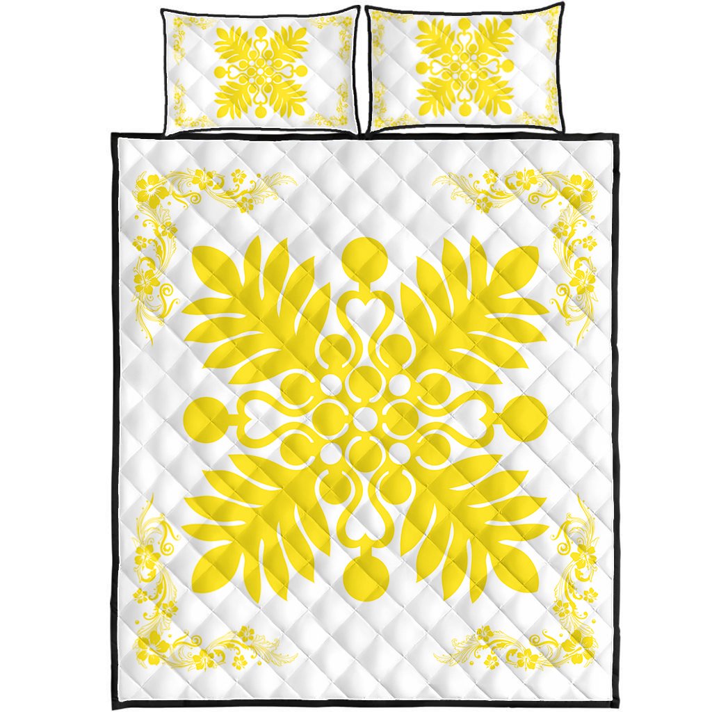 Hawaiian Quilt Maui Plant And Hibiscus Pattern Quilt Bed Set - Yellow White - AH Yellow - Polynesian Pride