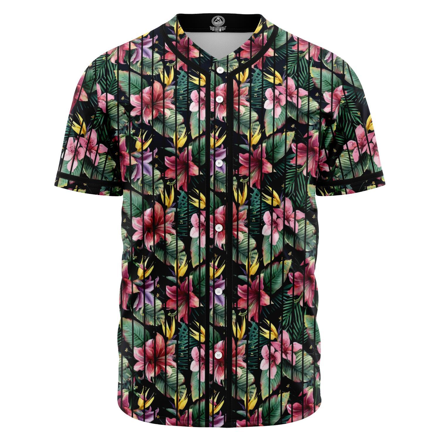 Tropical Flowers, Palm And Leaves Baseball Jersey Black - Polynesian Pride