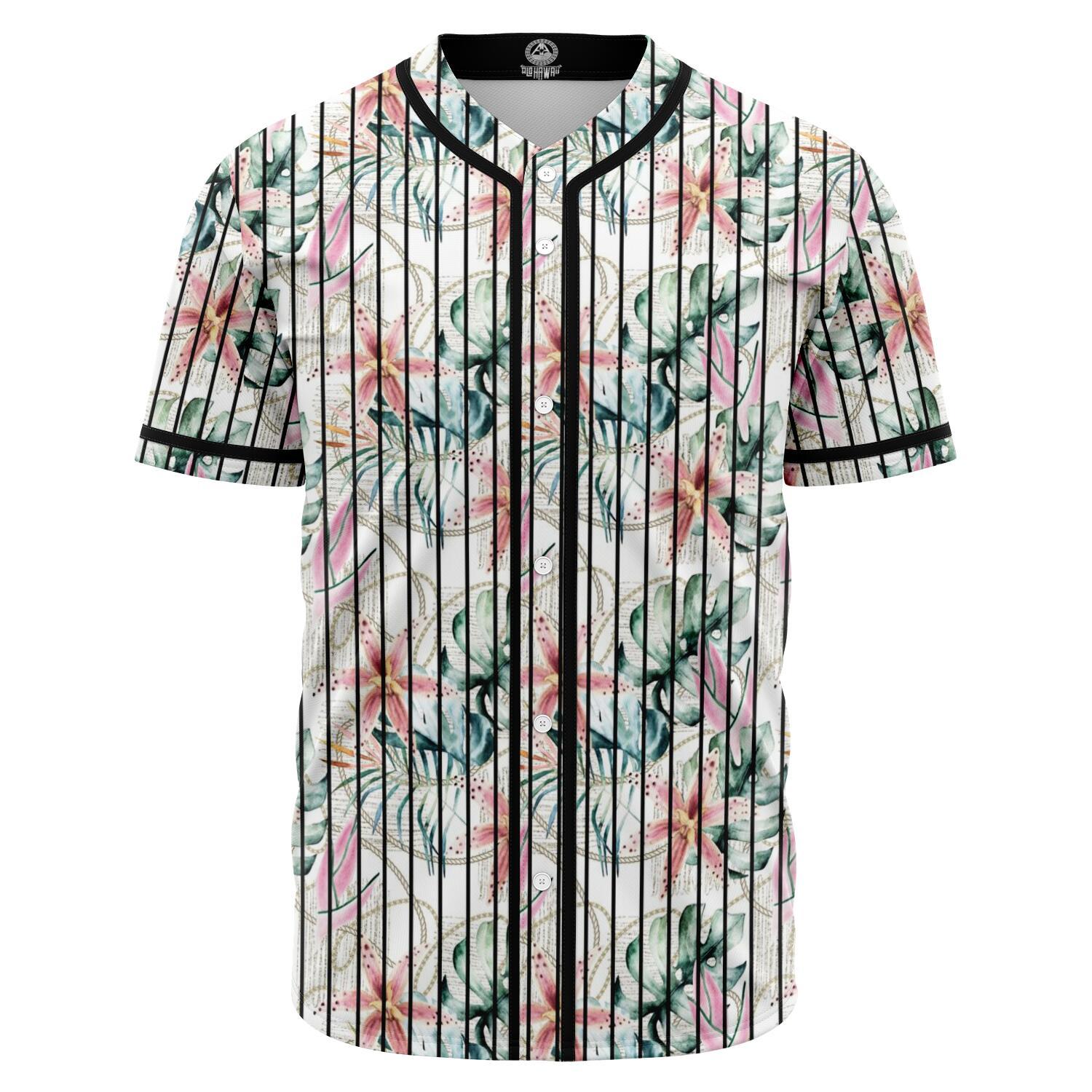 Tropical Pattern With Orchids, Leaves And Gold Chains Baseball Jersey Black - Polynesian Pride