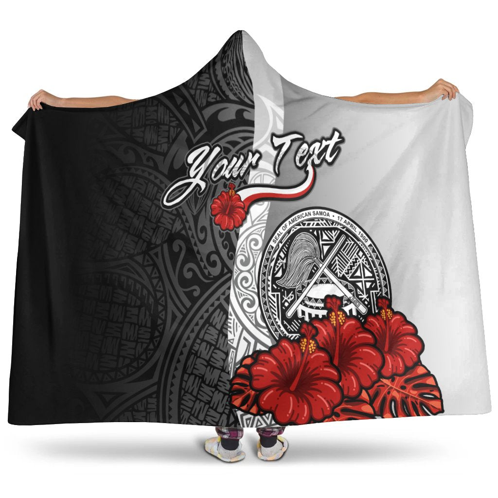 American Samoa Polynesian Custom Personalised Hooded Blanket - Coat Of Arm With Hibiscus White Hooded Blanket White - Polynesian Pride