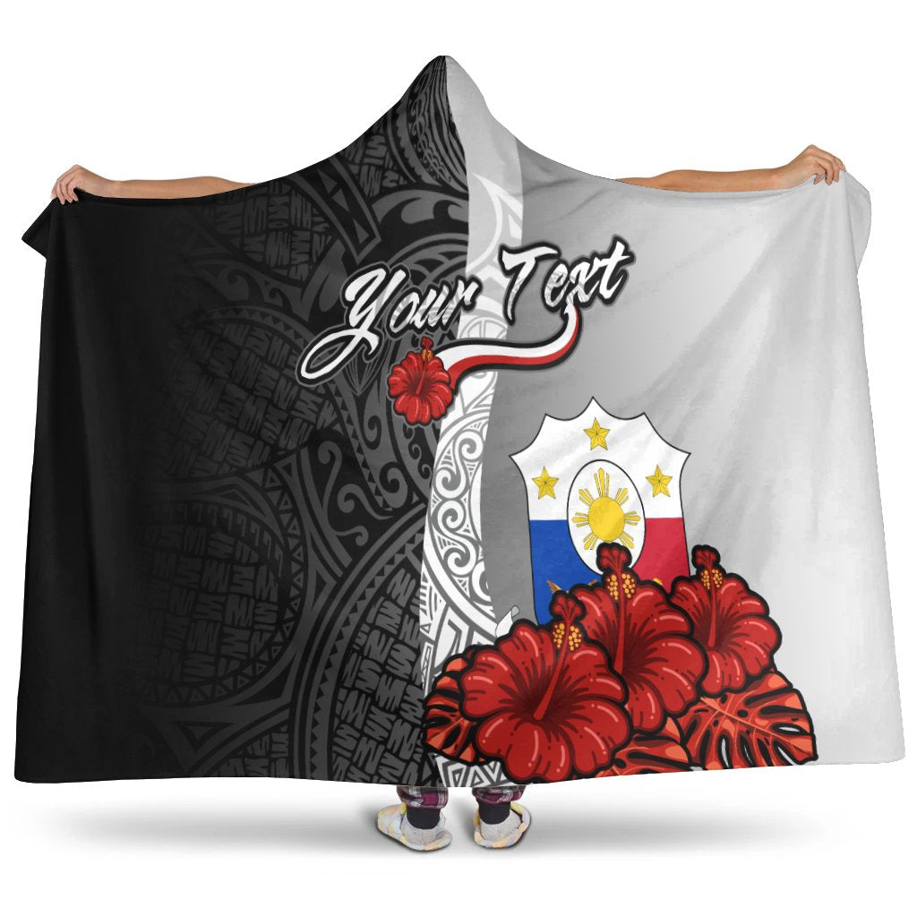 Philippines Polynesian Custom Personalised Hooded Blanket - Coat Of Arm With Hibiscus White Hooded Blanket White - Polynesian Pride