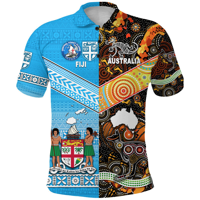 Australia Fiji Polo Shirt Aboriginal and Tapa Together Together Central Coast Fijians LT8 Blue - Polynesian Pride