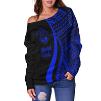 Marshall Islands Women's Off Shoulder Sweater - Blue Polynesian Tentacle Tribal Pattern Crest - Polynesian Pride
