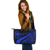 Hawaii Custom Personalised Large Leather Tote Bag - Blue Polynesian Tentacle Tribal Pattern - Polynesian Pride