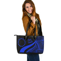 Cook Islands Large Leather Tote Bag - Blue Polynesian Tentacle Tribal Pattern - Polynesian Pride