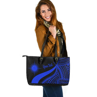 Marshall Islands Custom Personalised Large Leather Tote Bag - Blue Polynesian Tentacle Tribal Pattern - Polynesian Pride