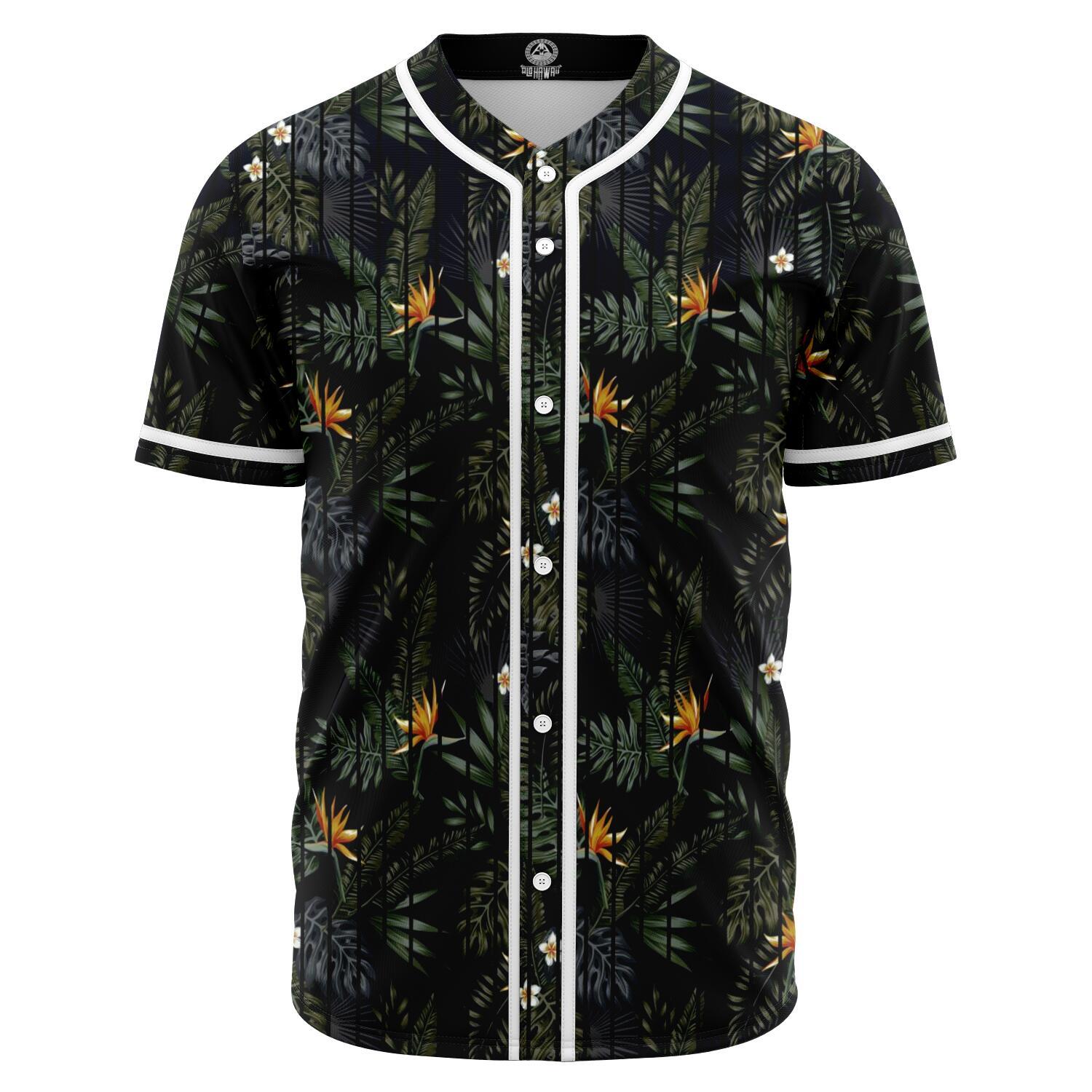 Tropical Leaves And Flowers In The Night Style Baseball Jersey Black - Polynesian Pride