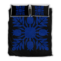 Hawaiian Royal Pattern Quilt Bed Set - Black And Blue - N1 Style - AH Blue - Polynesian Pride