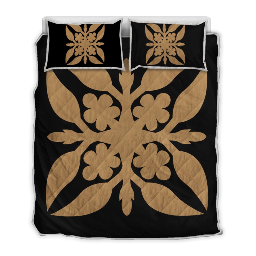 Hawaiian Royal Pattern Quilt Bed Set - Black And Gold - G1 Style - AH Gold - Polynesian Pride