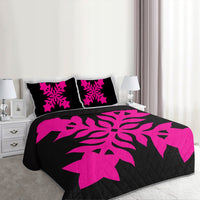 Hawaiian Royal Pattern Quilt Bed Set - Black And Pink - E2 Style - AH - Polynesian Pride