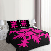 Hawaiian Royal Pattern Quilt Bed Set - Black And Pink - F2 Style - AH - Polynesian Pride