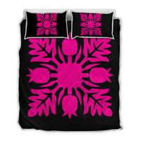 Hawaiian Royal Pattern Quilt Bed Set - Black And Pink - N1 Style - AH Art - Polynesian Pride