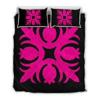 Hawaiian Royal Pattern Quilt Bed Set - Black And Pink - I1 Style - AH Art - Polynesian Pride