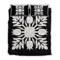 Hawaiian Royal Pattern Quilt Bed Set - Black And White - N1 Style - AH White - Polynesian Pride