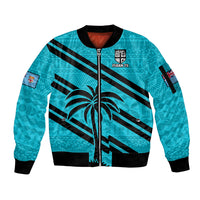 (Custom Text And Number) Fiji Rugby Tapa Pattern Fijian 7s Cyan Sleeve Zip Bomber Jacket LT14 Unisex Cyan - Polynesian Pride