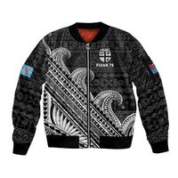 (Custom Text And Number) Fiji Sevens Rugby Fijian 7s Black Tapa Polynesian Art Sleeve Zip Bomber Jacket LT14 Unisex Black - Polynesian Pride