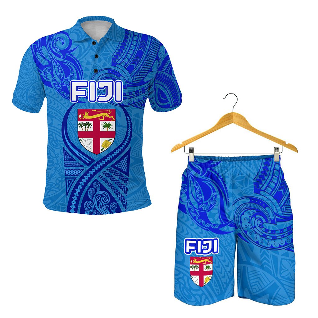 Combo Polo Shirt and Men Short Blue Fiji Rugby Polynesian Waves Style - Polynesian Pride