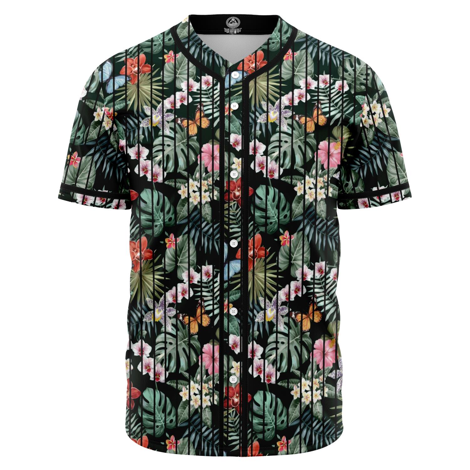 Tropical Plumeria Pattern With Palm Leaves Baseball Jersey Black - Polynesian Pride