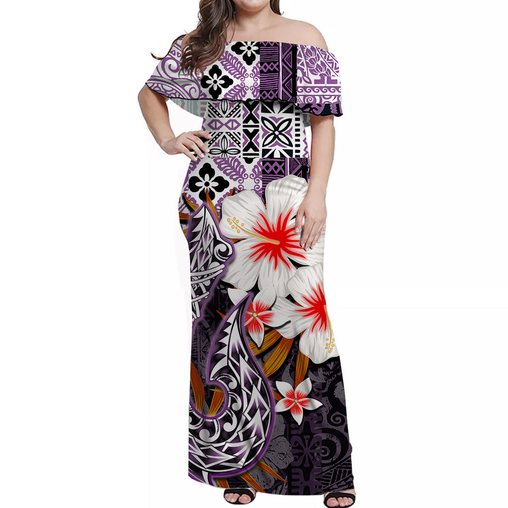 Hawaii Fish Hook Off Shoulder Long Dress Purple Style LT6 Long Dress Purple - Polynesian Pride