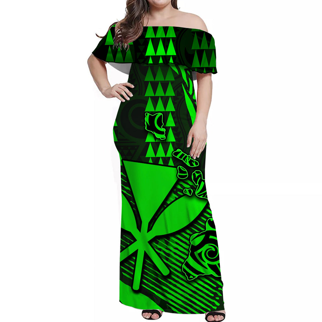 Hawaii Kanaka Map Off Shoulder Long Dress Green Color Style LT6 Long Dress Green - Polynesian Pride