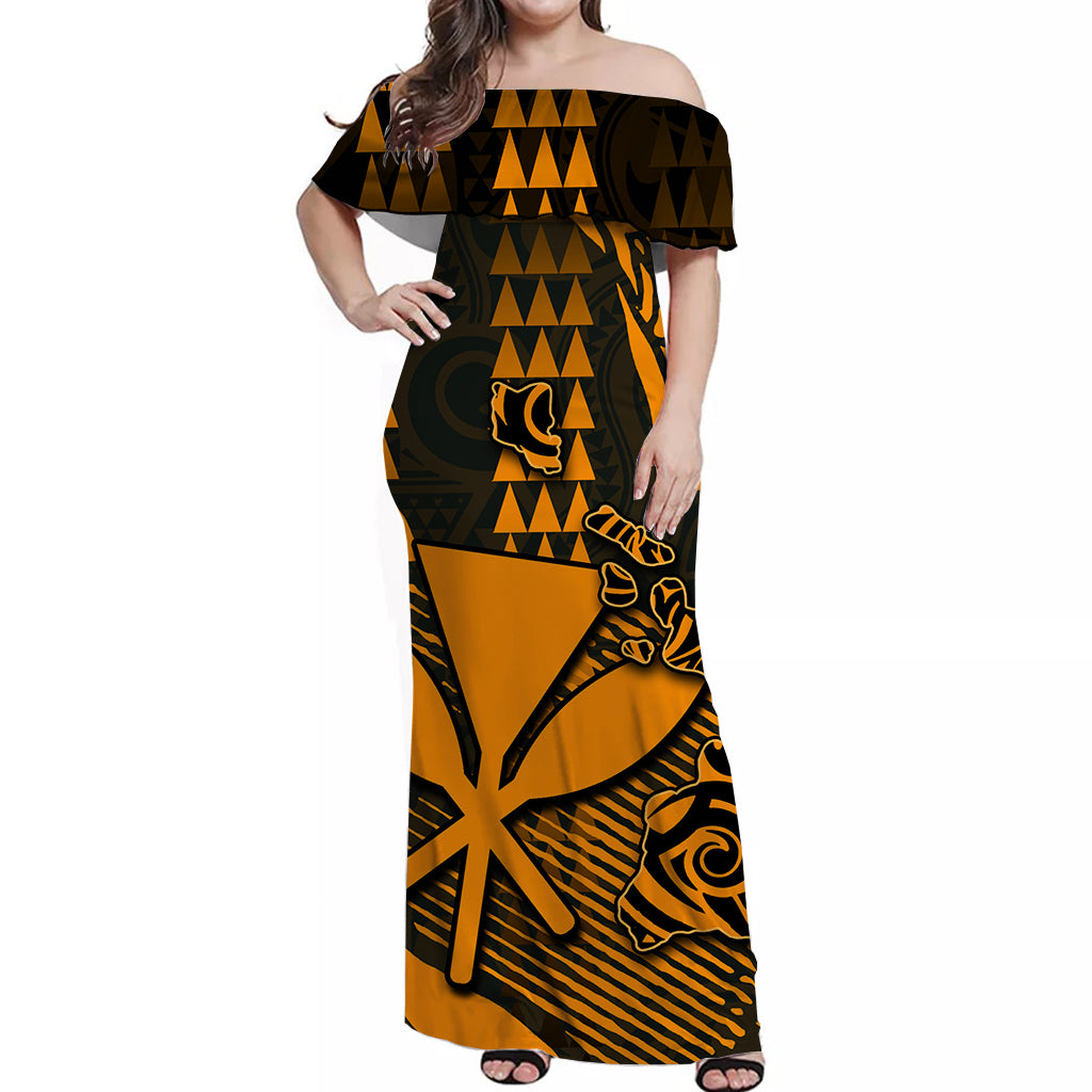 Hawaii Kanaka Map Off Shoulder Long Dress Orange Color Style LT6 Long Dress Orange - Polynesian Pride
