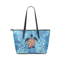 Personalized - Hawaii Turtle Hibiscus Plumeria Blue Large Leather Tote Bag - Polynesian Pride
