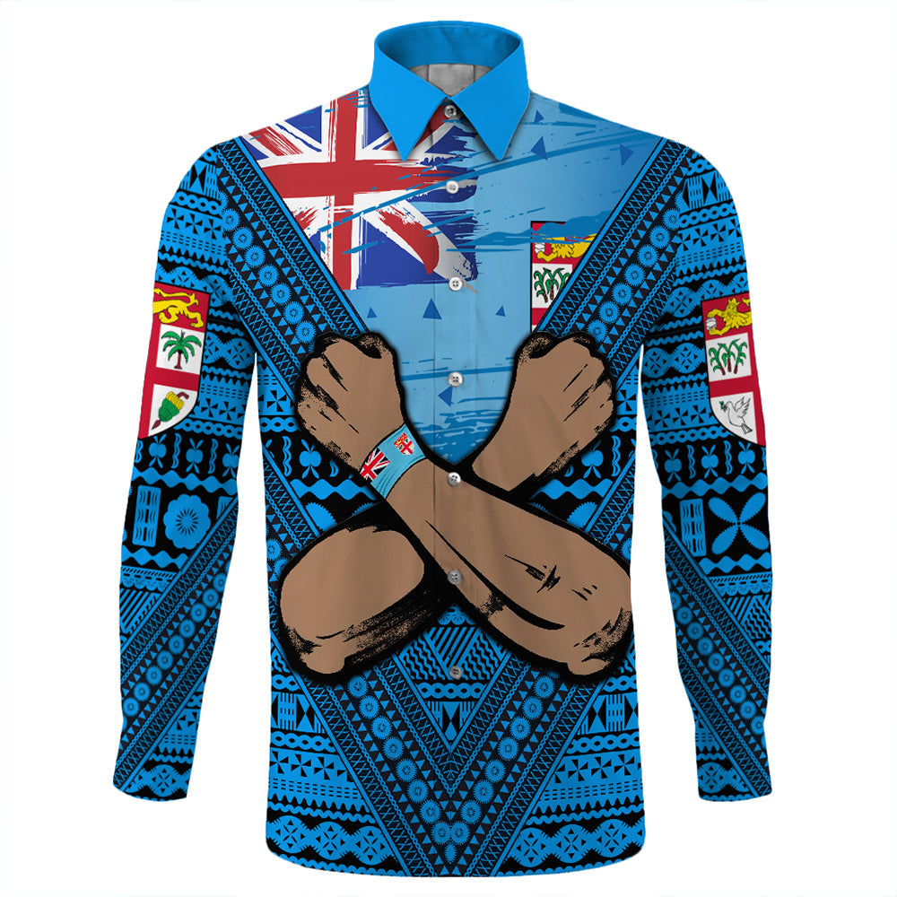 Fiji Bula Flag Long Sleeve Button Shirt LT10 Unisex Blue - Polynesian Pride
