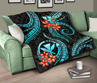 Polynesian Hawaii Premium Quilt - Turquoise Plumeria - Polynesian Pride