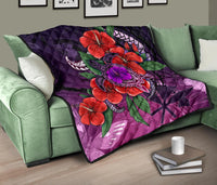 Polynesian Hawaii Premium Quilt - Purple Hibiscus Turtle Flowing - Polynesian Pride