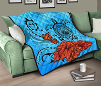 Hawaiian Map Kanaka Sea Turtle Seal Of Hawaii Hibiscus Plumeria Polynesian Quilt - Polynesian Pride