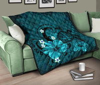 Hawaii Turtle Poly Tribal Turquoise Premium Quilt - Polynesian Pride